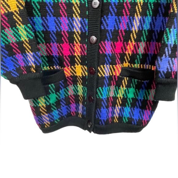 Vintage 100% Lambswool Plaid Cardigan Sweater Small Black Multicolor V-Neck - Picture 5 of 13